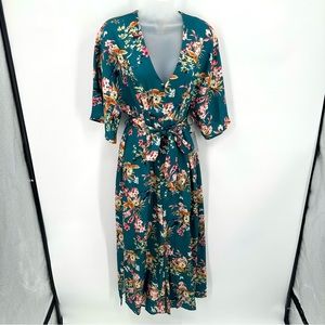 MAISIE Jumpsuit Sz S Wide Leg Tie Waist Vneck Flare Sleeve Split Hem Teal